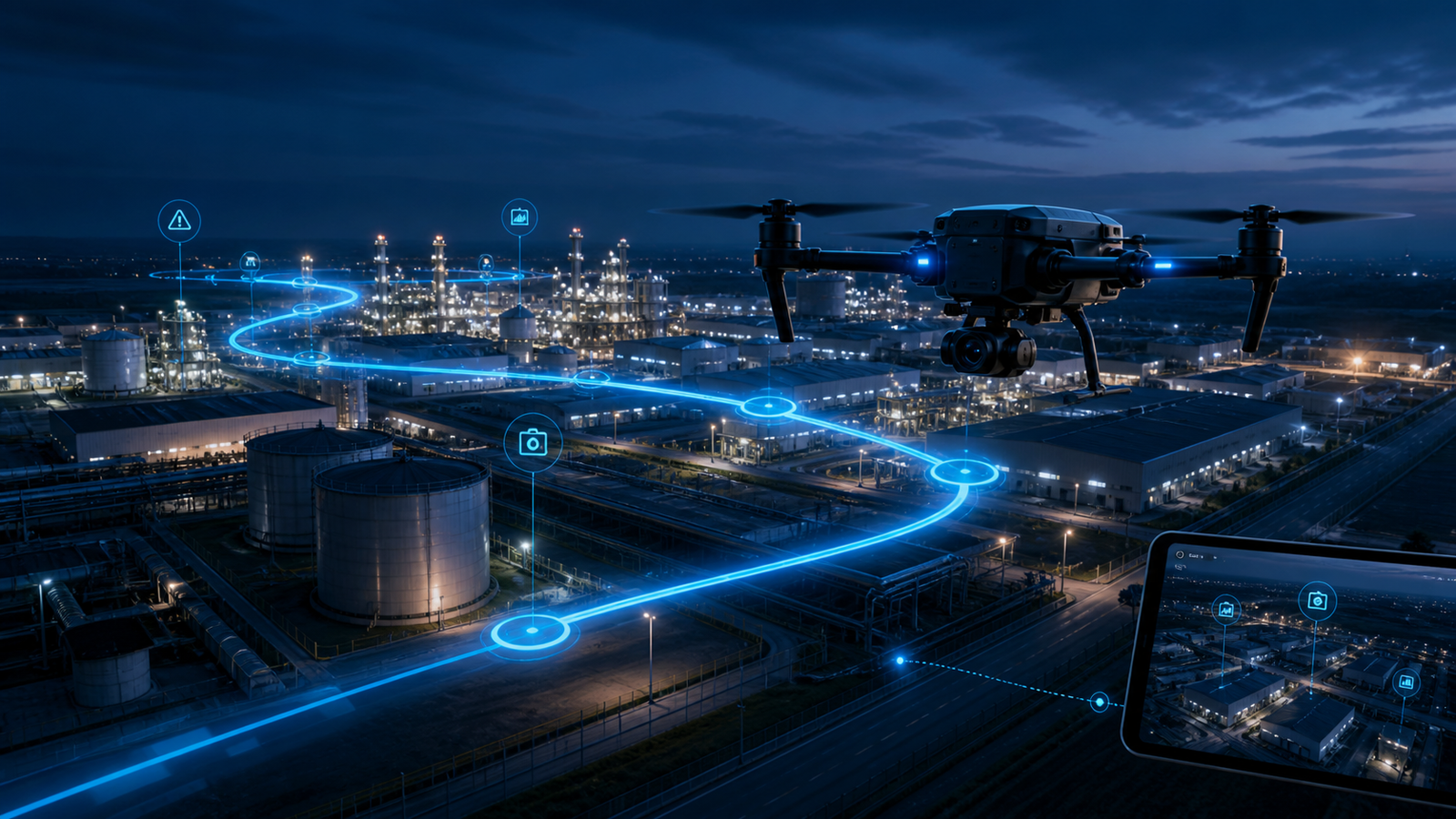 Drone seguindo uma rota virtual sobre uma instalação industrial